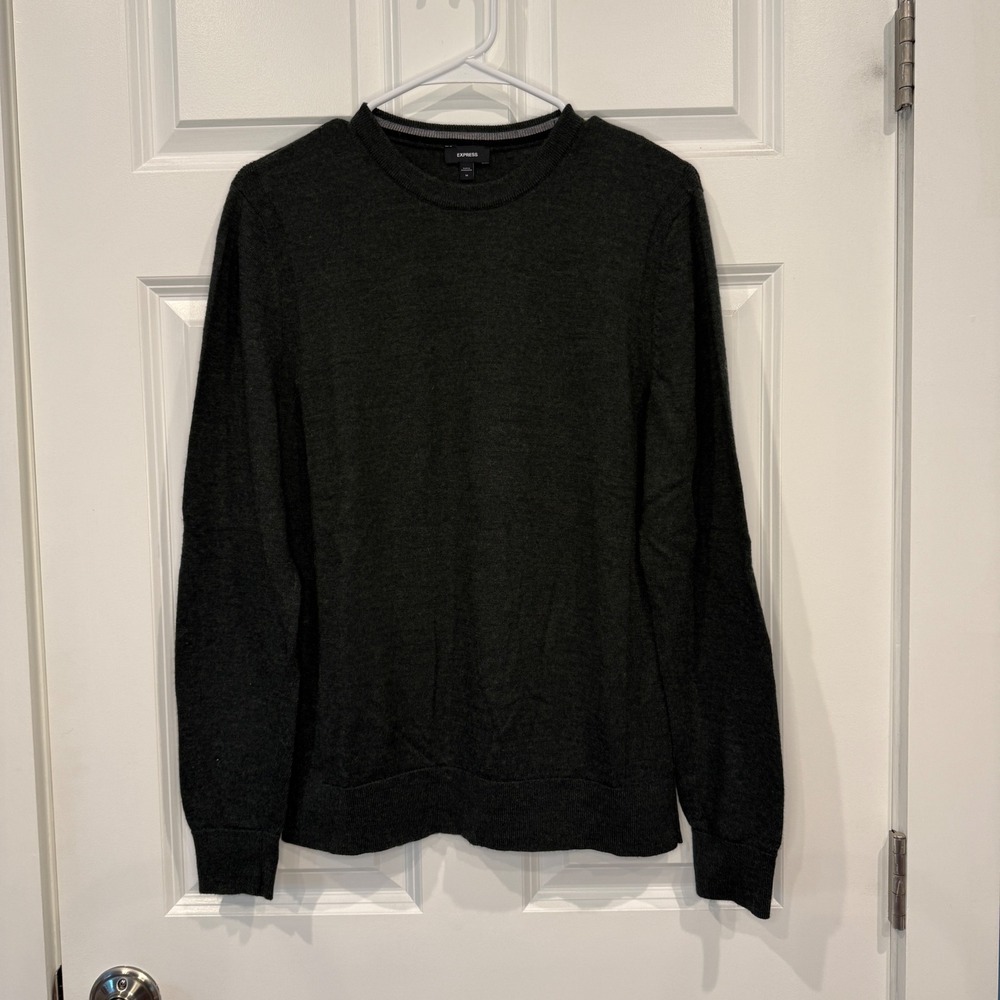 Express Mens Crew Neck Sweater Dark ‎ Green Olive Pullover Size Medium